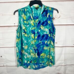 Sami & Jo Top Womens Large Green Printed Blouse Sleeveless Chiffon 1/4 Button